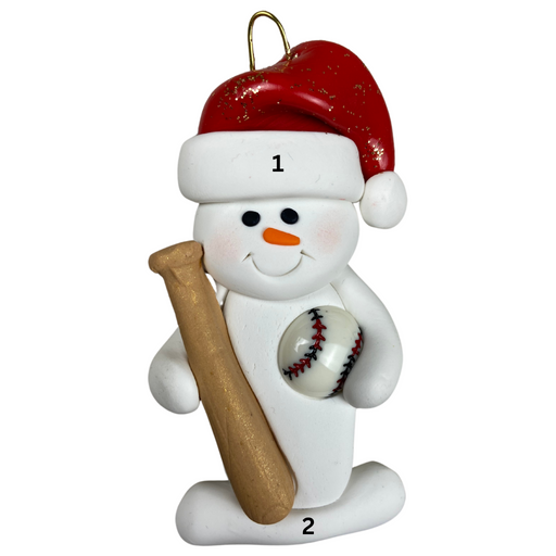 Ornament of white snowman in red hat holding a baseball bat and a baseball, numbered 1-2 for personalization.