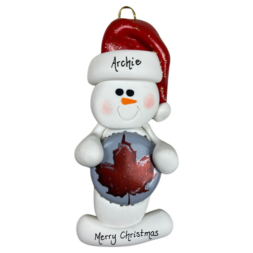 Ornament of white snowman in red hat holding a beer bottle cap, personalized with name.