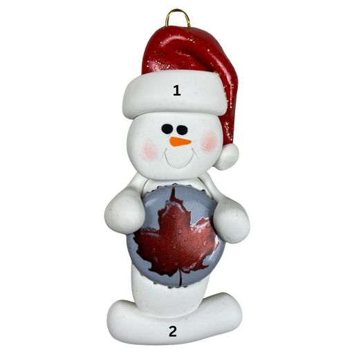 Ornament of white snowman in red hat holding a beer bottle cap, numbered 1-2 for personalization.