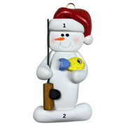 Ornament of white snowman in red hat holding a fishing pole and colourful fish, numbered 1-2 for personalization.