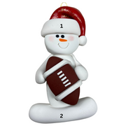 Ornament of white snowman in red hat holding a football, numbered 1-2 for personalization.