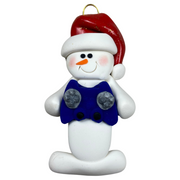 Ornament of white snowman in red hat holding a blue video game controller.