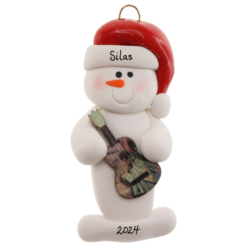 Ornament of white snowman in red hat holding a colourful guitar, personalized with name.