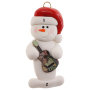 Ornament of white snowman in red hat holding a colourful guitar, numbered 1-2 for personalization.