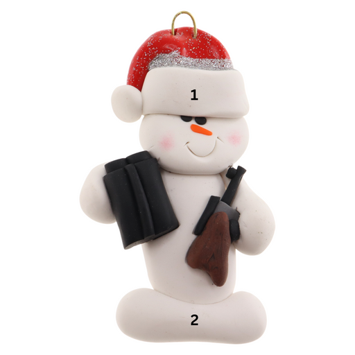Ornament of white snowman in red hat holding a hunting rifle and pair of binoculars, numbered 1-2 for personalization.