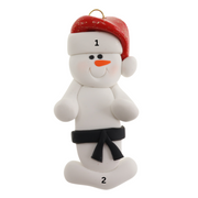 Ornament of white snowman in red hat wearing black belt, numbered 1-2 for personalization.