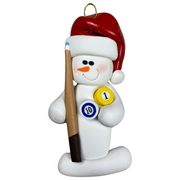 Ornament of white snowman in red hat holding a pool cue and pool balls.