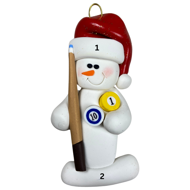 Ornament of white snowman in red hat holding a pool cue and pool balls, numbered 1-2 for personalization.