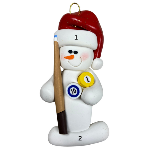Ornament of white snowman in red hat holding a pool cue and pool balls, numbered 1-2 for personalization.