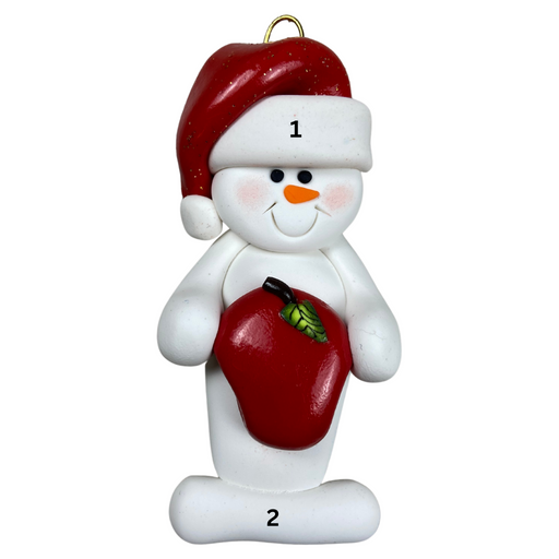 Ornament of white snowman in red hat holding a shiny red apple, numbered 1-2 for personalization.