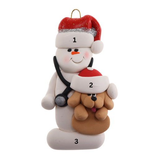 Ornament of white snowman in red hat holding a tan dog and stethoscope, numbered 1-2 for personalization.