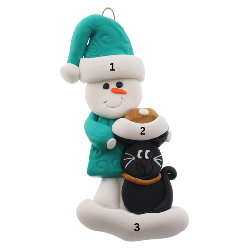 Ornament of snowman in a green shirt and hat with black cat in Christmas hat, numbered 1-3 for personalization.