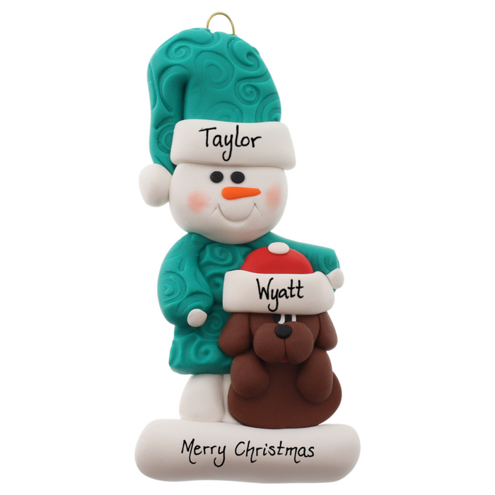 Ornament of snowman in green shirt and hat with brown dog in Christmas hat, personalized with names.