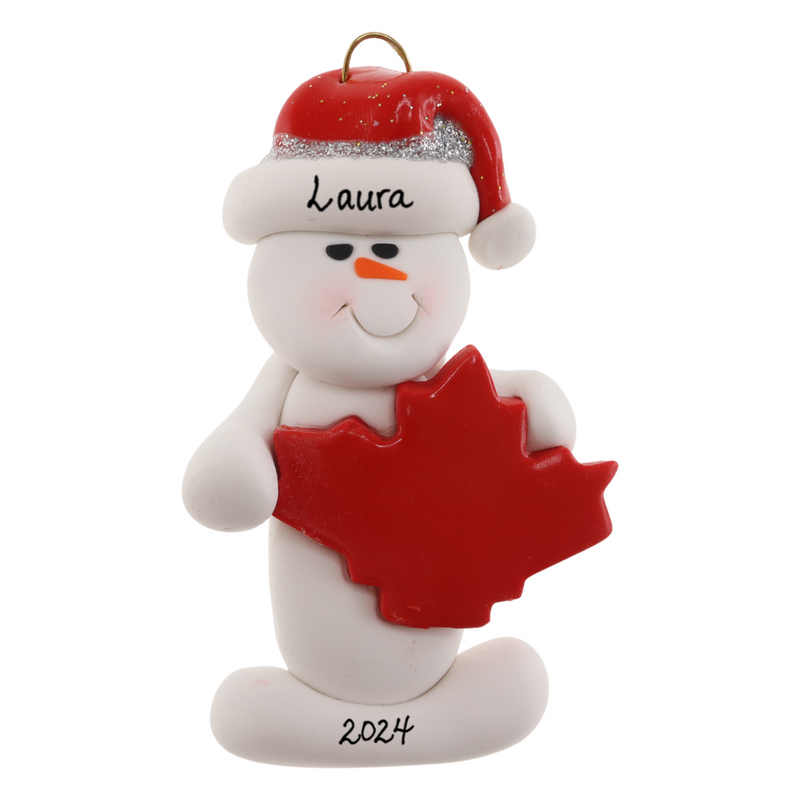 White snowman with red festive hat and maple leaf ornament, personalized with name.