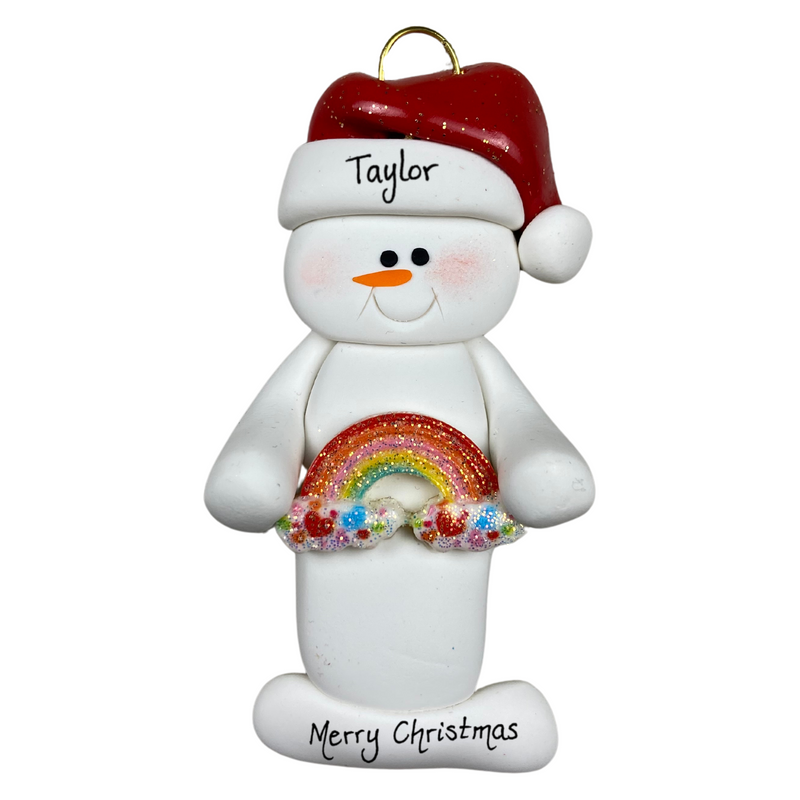 White snowman with small rainbow and red festive hat ornament, personalized with name.