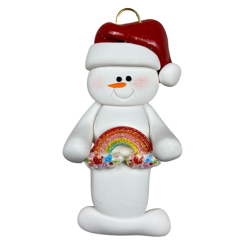 White snowman with small rainbow and red festive hat ornament.