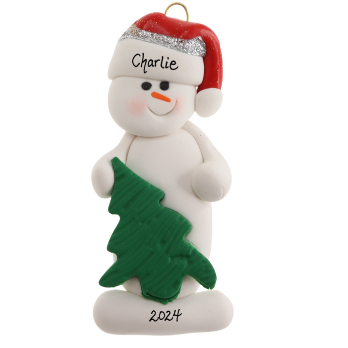 White snowman in red festive hat with green Christmas tree ornament, personalized with name.