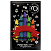 Stack of crayons joined with red ribbon teacher appreciation ornament, on display backing card.