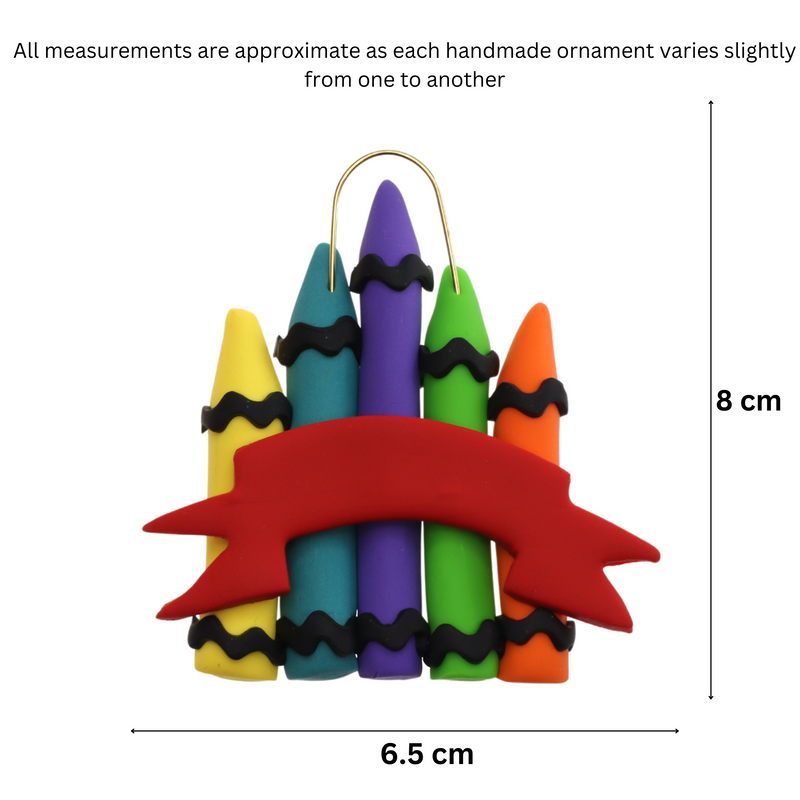 Stack of crayons joined with red ribbon teacher appreciation ornament, graphed to show size (6.5x8cm).