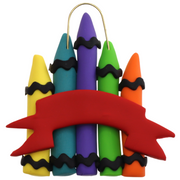 Stack of crayons joined with red ribbon teacher appreciation ornament.