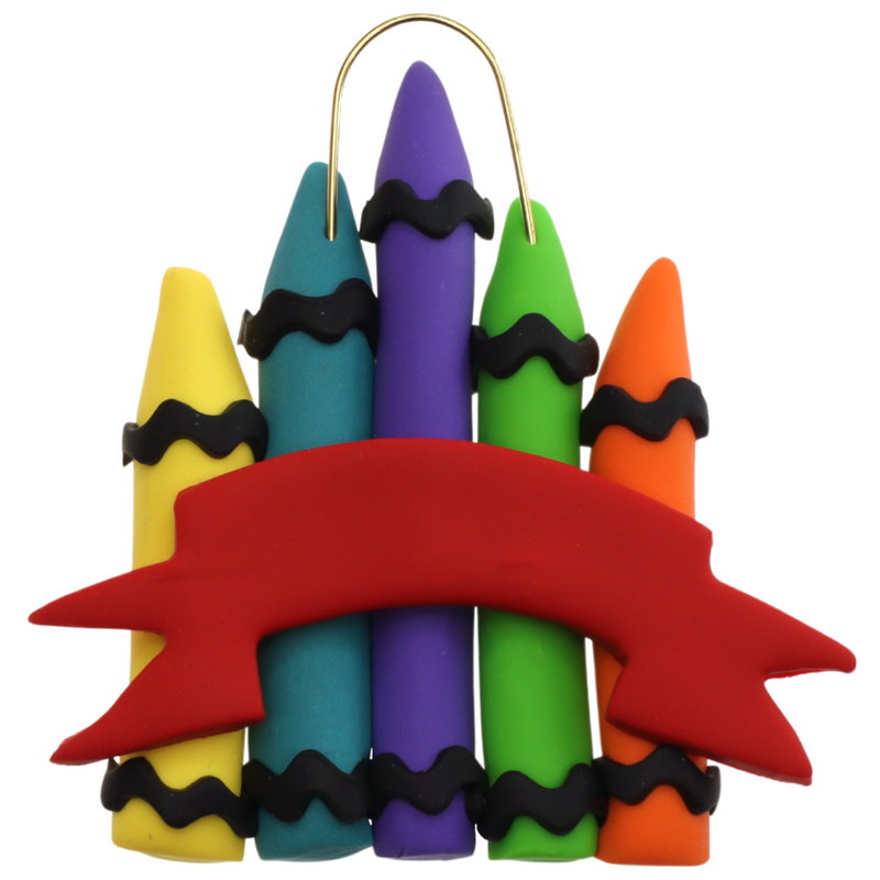 Stack of crayons joined with red ribbon teacher appreciation ornament.