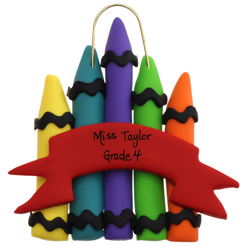 Stack of crayons joined with red ribbon teacher appreciation ornament, personalized with name.