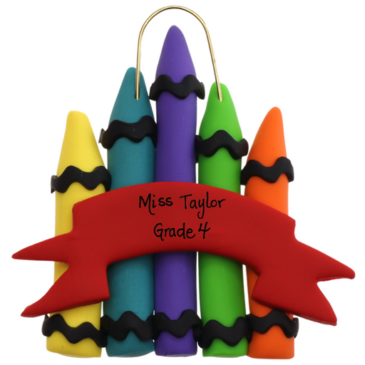 Stack of crayons joined with red ribbon teacher appreciation ornament, personalized with name.