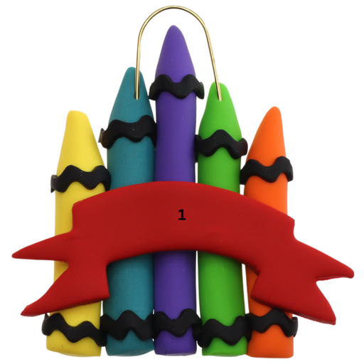 Stack of crayons joined with red ribbon teacher appreciation ornament, numbered for personalization.