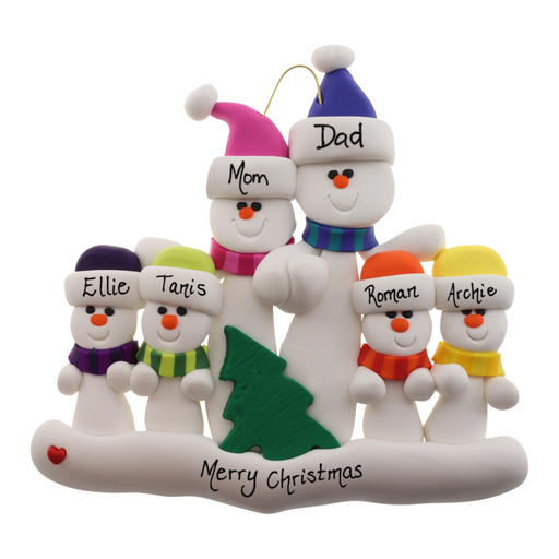 Family ornament with 6 white snowmen in bright scarves, with green Christmas tree, personalized with names.