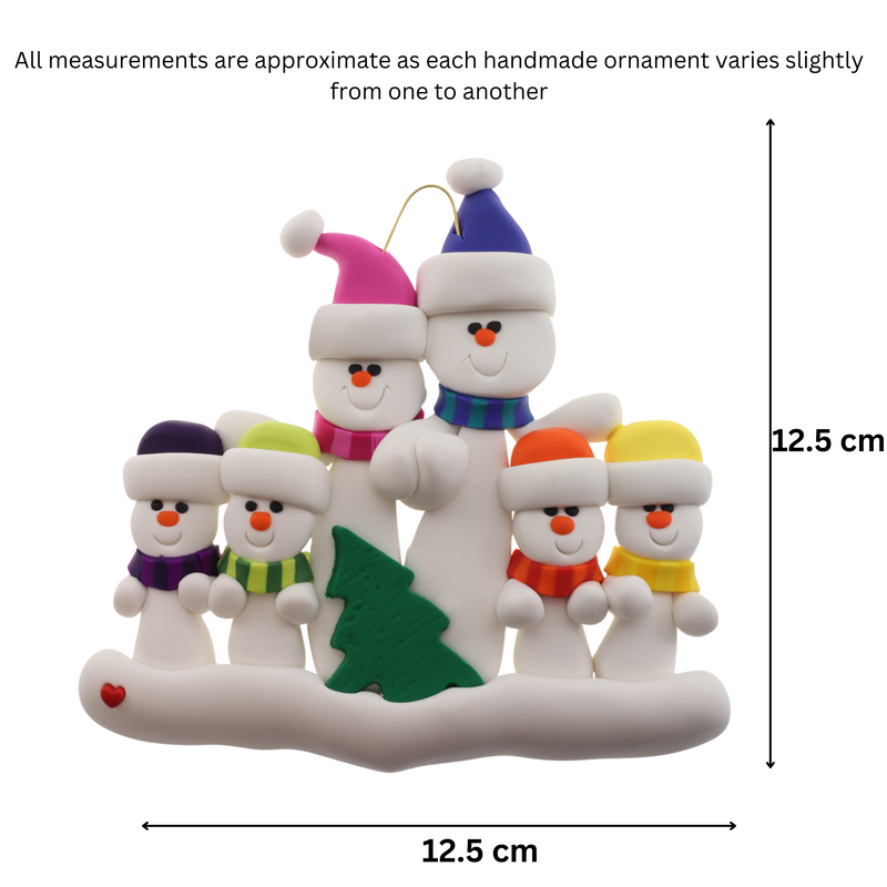 Family ornament with 6 white snowmen in bright scarves, with green Christmas tree, graphed to show size (12.5x12.5).