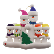 Family ornament with 6 white snowmen in bright scarves, with green Christmas tree.
