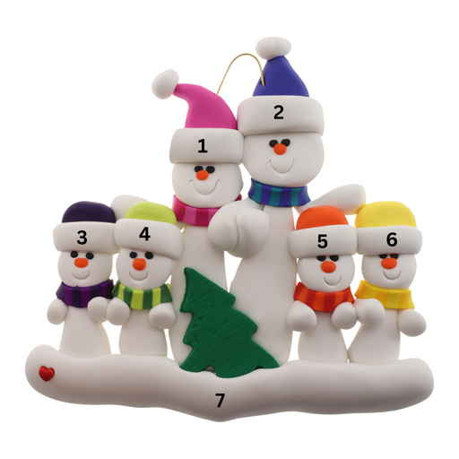 Family ornament with 6 white snowmen in bright scarves, with green Christmas tree, numbered 1-7 for personalization.