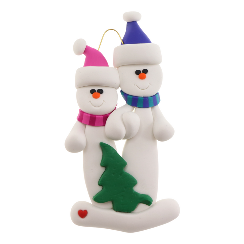 Family ornament with 2 white snowmen in bright scarves, with green Christmas tree.
