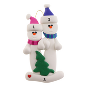 Family ornament with 2 white snowmen in bright scarves, with green Christmas tree, numbered 1-3 for personalization.