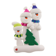 Family ornament with 3 white snowmen in bright scarves, with green Christmas tree.