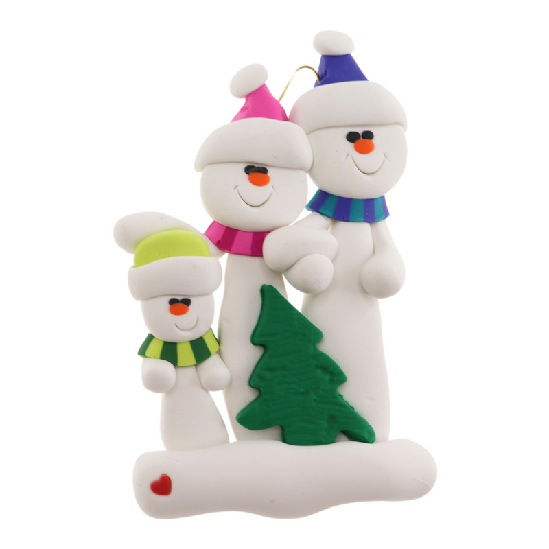 Family ornament with 3 white snowmen in bright scarves, with green Christmas tree.