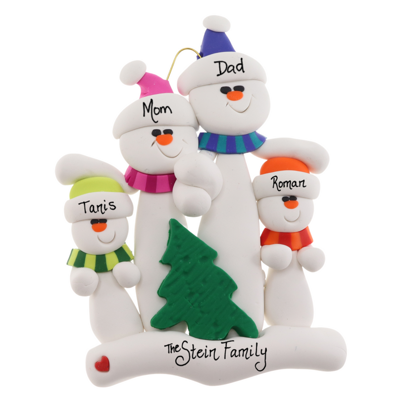 Family ornament with 4 white snowmen in bright scarves, with green Christmas tree, personalized with names.