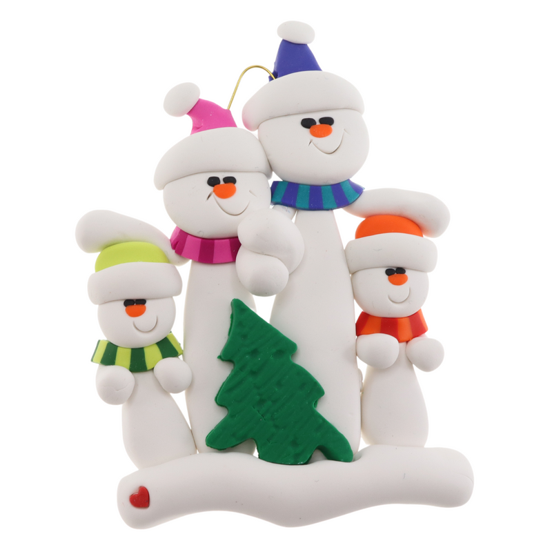 Family ornament with 4 white snowmen in bright scarves, with green Christmas tree.