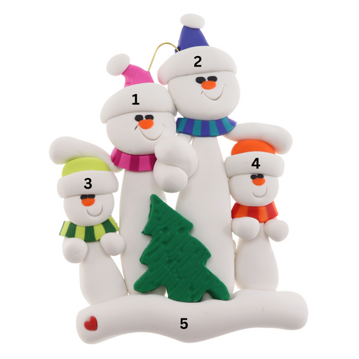 Family ornament with 4 white snowmen in bright scarves, with green Christmas tree, numbered 1-5 for personalization.
