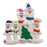 Family ornament with 5 white snowmen in bright scarves, with green Christmas tree, personalized with names.