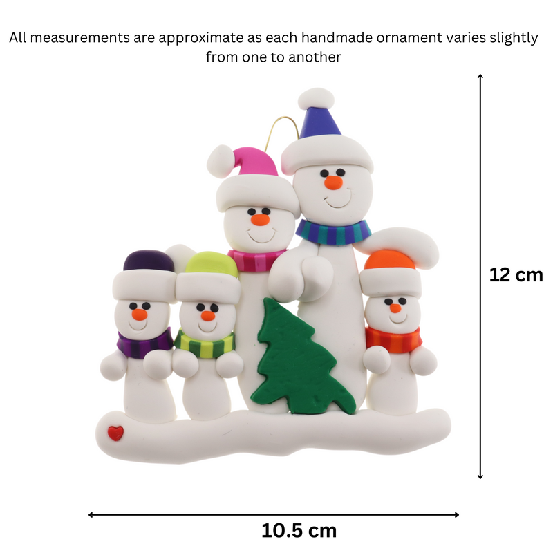 Family ornament with 5 white snowmen in bright scarves, with green Christmas tree, graphed to show size (10.5x12cm).