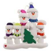 Family ornament with 5 white snowmen in bright scarves, with green Christmas tree.