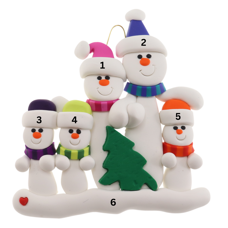 Family ornament with 5 white snowmen in bright scarves, with green Christmas tree, numbered 1-6 for personalization.