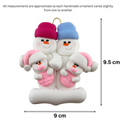 Family ornament with 2 large and 2 infant snowmen in pink, graphed to show size (9x9.5cm).