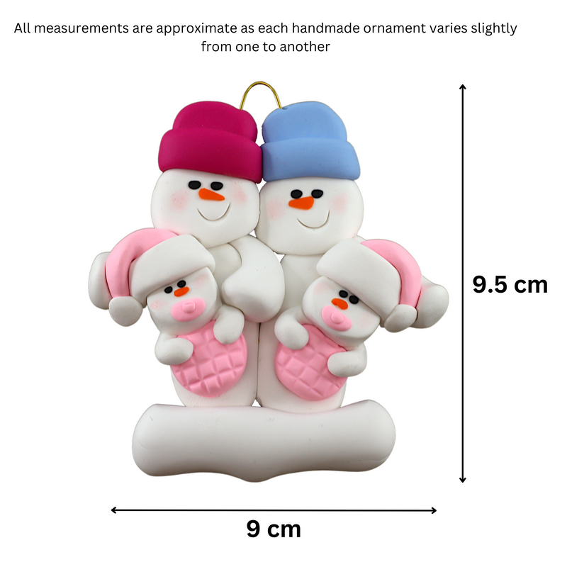 Family ornament with 2 large and 2 infant snowmen in pink, graphed to show size (9x9.5cm).