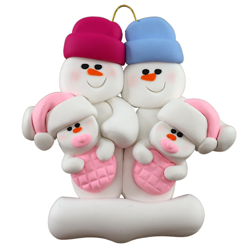 Twin Baby Snowman Family Ornament - Pink Ornamentopia
