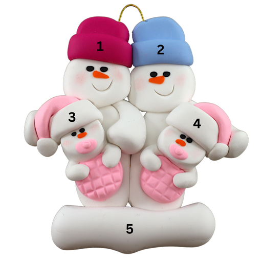 Twin Baby Snowman Family Ornament - Pink Ornamentopia