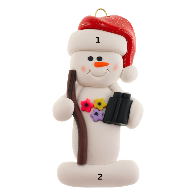 Snowman in red hat holding walking stick and binoculars, numbered 1-2 for personalization.