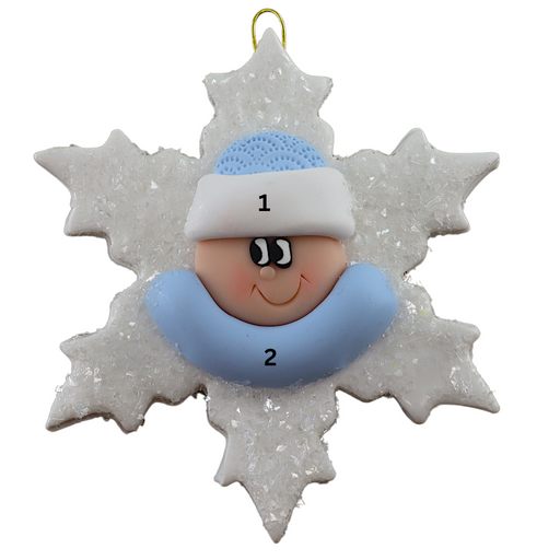 Baby ornament with infant face and blue hat on glittery white snowflake base, numbered 1-2 for personalization.