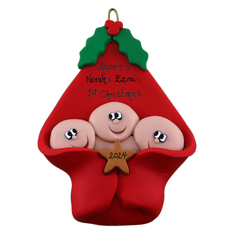 Ornament with triplet infant heads poking out of a red baby blanket, personalized with names.